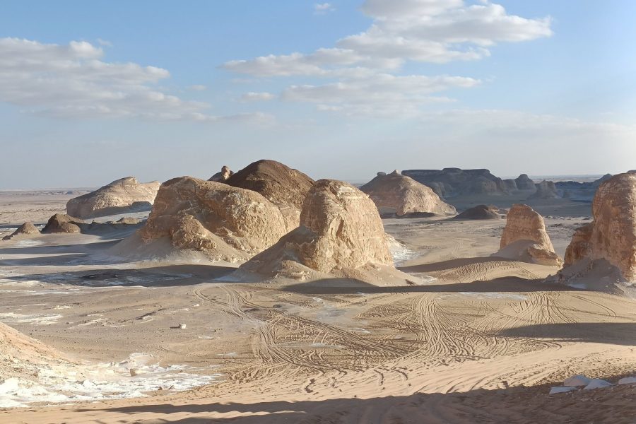 Unique, mushroom-shaped or anthropomorphic chalk-white rock formations scattered across the vast expanse of the White Desert in Bahariya Oasis under a clear blue sky