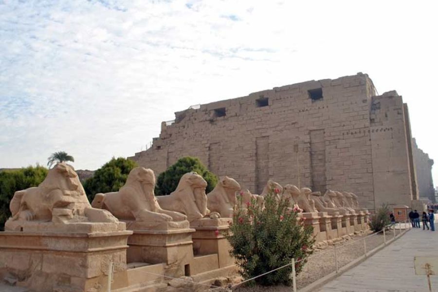 the Great Hypostyle Hall in Karnak Temple, showing intricate carvings and dramatic scale under the sunlight