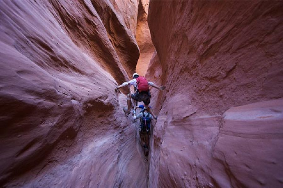 A wide view inside the Colored Canyon, showing towering, eroded sandstone walls reaching high above a small group of explorers, emphasizing its majestic scale and dramatic beauty