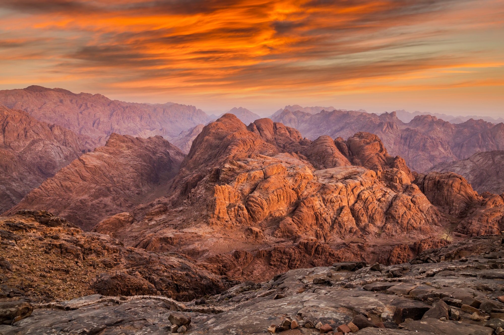 Mountain landscape viewed from Mount Sinai at sunrise