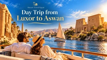 Scenic Nile River views, ancient Egyptian temples, traditional felucca boats, and a couple enjoying their journey.