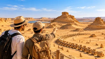 Two young travelers exploring ancient whale fossils and stunning desert landscapes in Egypt’s Valley of the Whales.